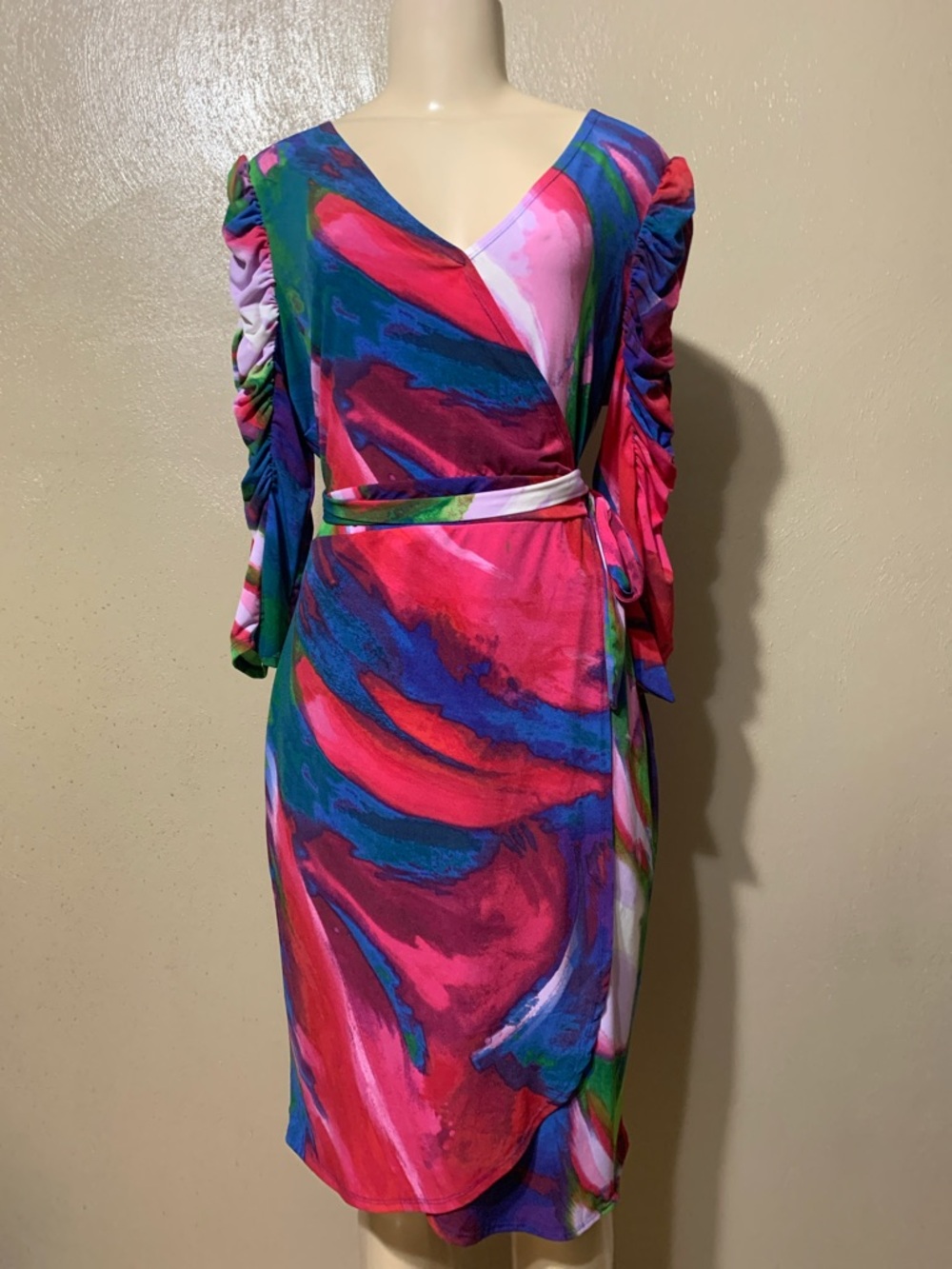 New York & Company size M V-Neck Wrap Midi Dress - Pink, Blue, Green